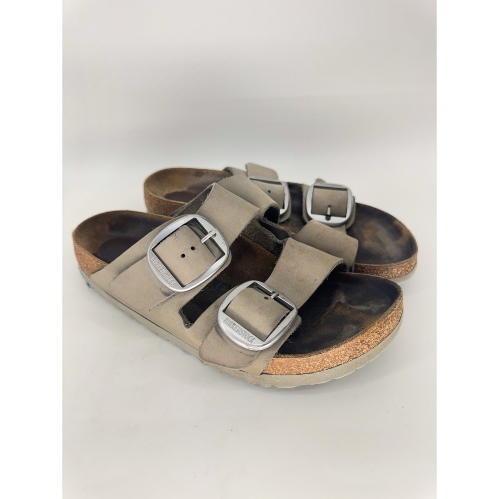 Birkenstock Arizona Big Buckle Sandals Women 38 Leather Cork Slide Taupe Grey